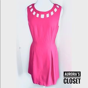 Eliza J 10 Hot Pink Sheath Dress Cutout Neck Cage Pleated Knee Sleeveless